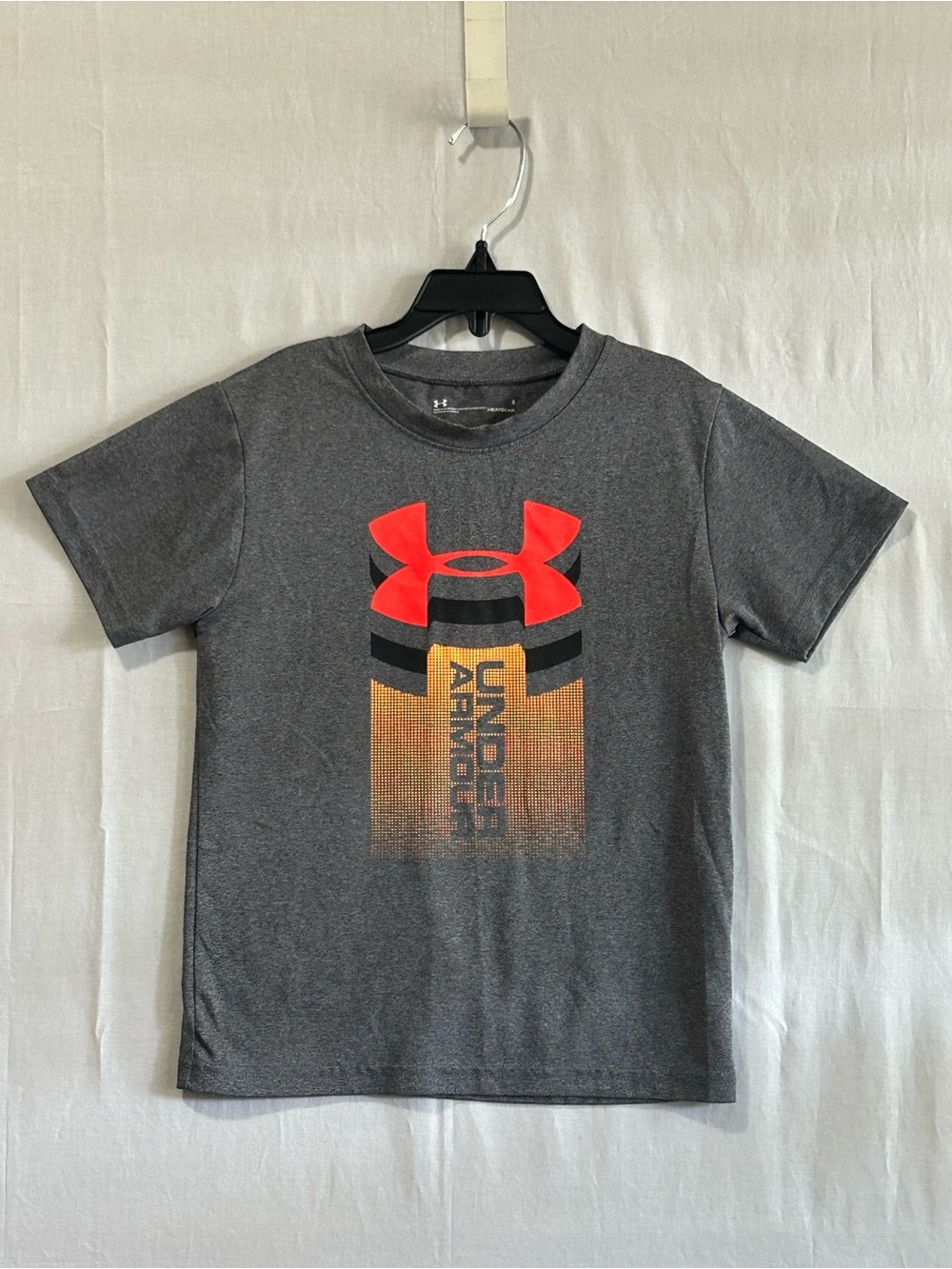 Under Armour - Boys' Charcoal Tee with Red Logo and Orange Gradient